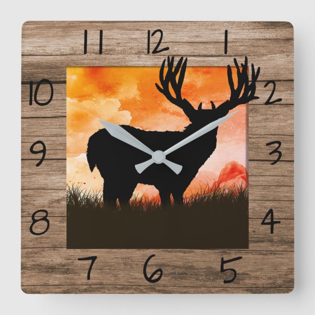 Rustic Whitetail Deer Square Wall Clock (Front)