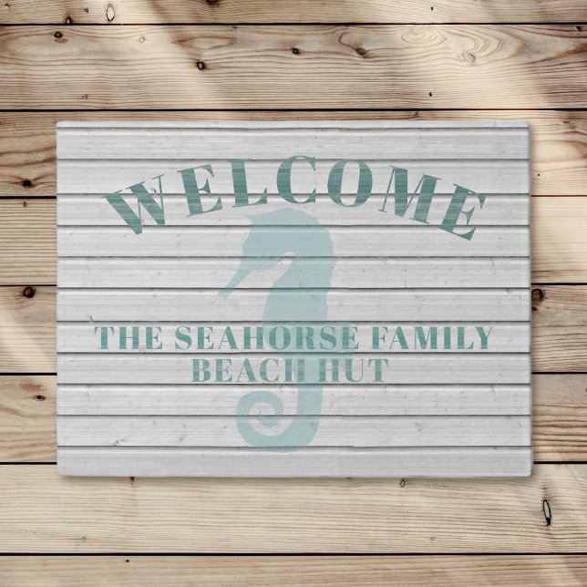 Rustic Whitewashed Seahorse Beach Hut Doormat (Welcome to your seahorse beach hut doormat with your family name)