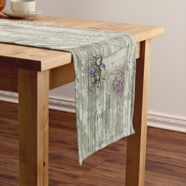 rustic whitewashed wood farmhouse lavender short table runner (In Situ)