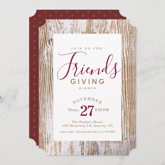 Rustic Whitewashed Wood Friendsgiving Dinner Invitation (Front/Back)