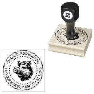 Rustic Wild Boar Head Name Return Address #1N Rubber Stamp