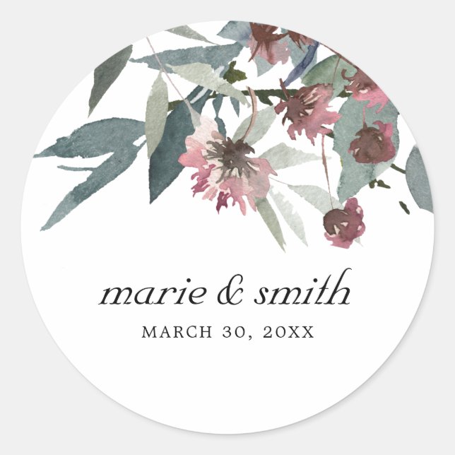 RUSTIC WILD CHIC PINK EUCALYPTUS FLORAL WEDDING CLASSIC ROUND STICKER (Front)