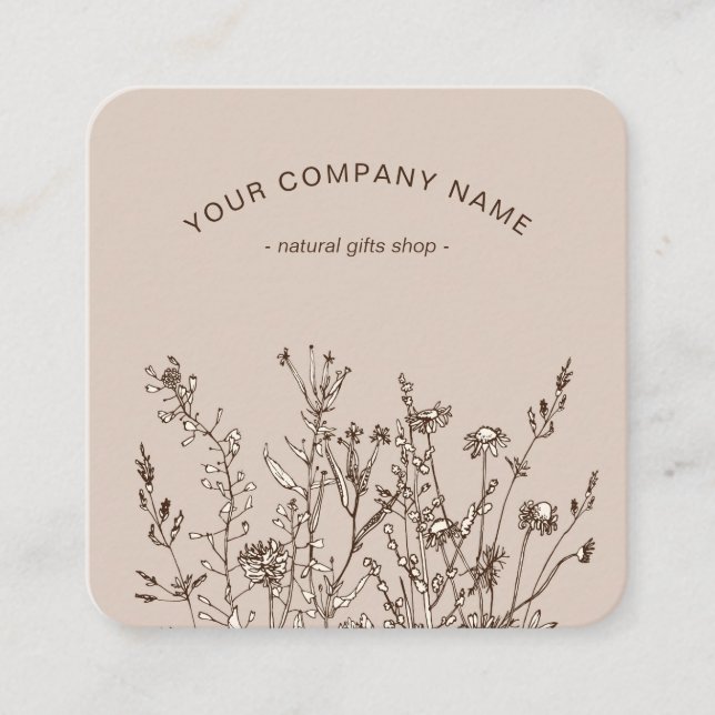 Rustic Wild Flowers Earthy Floral Sketches Logo Square Business Card (Front)