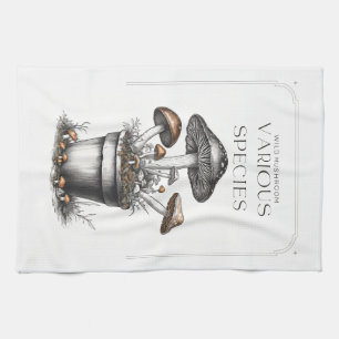 Rustic Wild Mushroom Sketch Design by CallisC Arts Tea Towel