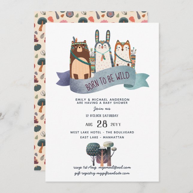 Rustic WILD ONE Woodland Animals Tribal Baby Boy Invitation (Front/Back)