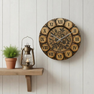 Rustic Wild Rose Wall Clock | Wood-Look Farmhouse