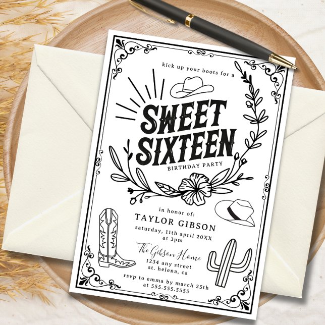 Rustic Wild West Sweet Sixteen Birthday Party Invitation (Rustic cowgirl Sweet Sixteen birthday invitation with western design.)