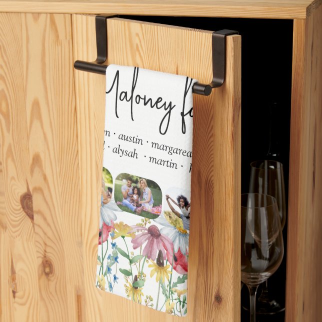 Rustic Wildflower 5 Photo Family Name First Names Tea Towel (Thirds Fold)