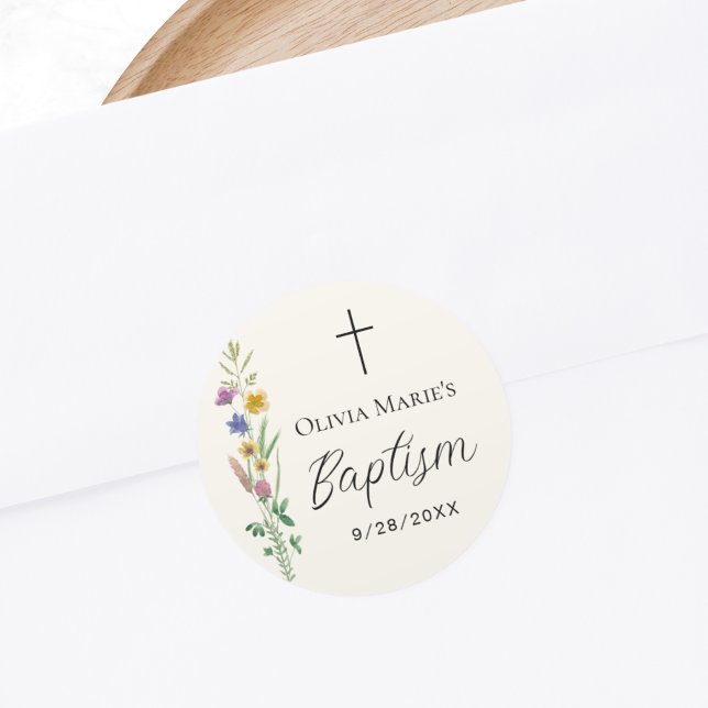 Rustic Wildflower Baptism  Classic Round Sticker (Creator Uploaded)
