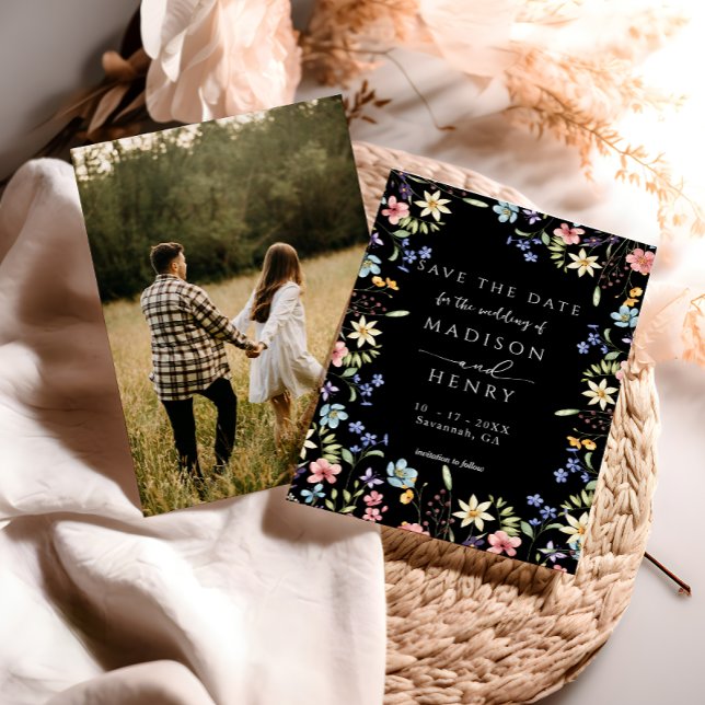  Rustic Wildflower Black Photo Wedding Save The Date (Creator Uploaded)