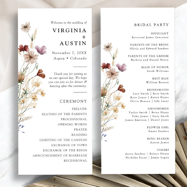 Rustic Wildflower Boho Wedding Programme (Rustic White Watercolor Wildflower Boho Wedding Program by Painted Paperie
)