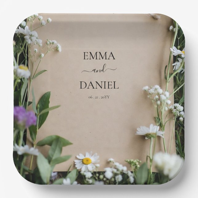 Rustic Wildflower Botanical Kraft Paper Wedding Plate (Front)
