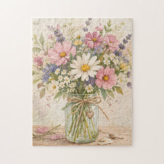 Rustic Wildflower Bouquet in Vintage Mason Jar Jigsaw Puzzle