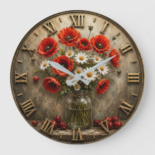 Rustic Wildflower Bouquet Red Poppies Daisies Large Clock