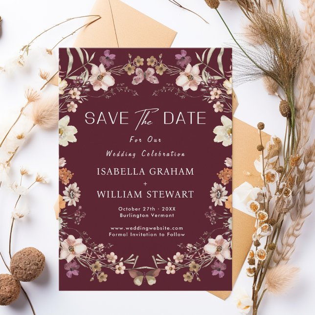 Rustic Wildflower Burgundy Boho Save The Date Invitation (Creator Uploaded)