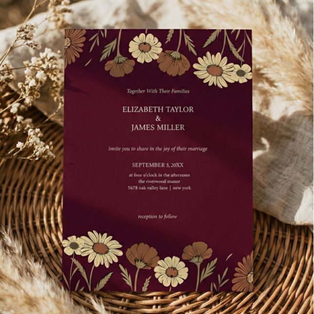 Rustic Wildflower Burgundy Floral Wedding Invitation (Creator Uploaded)