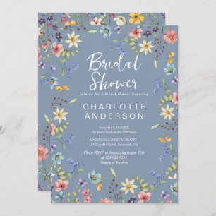 Rustic  Wildflower Dusty Blue Bridal Shower  Invitation