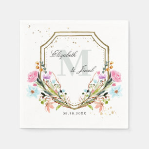 Rustic Wildflower Elegant Gold Crest Wedding Napkin