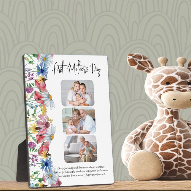 Rustic Wildflower First Mother's Day 3 Photo Plaque (Creator Uploaded)