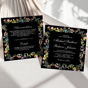 Rustic Wildflower Floral All in One Black Wedding Invitation