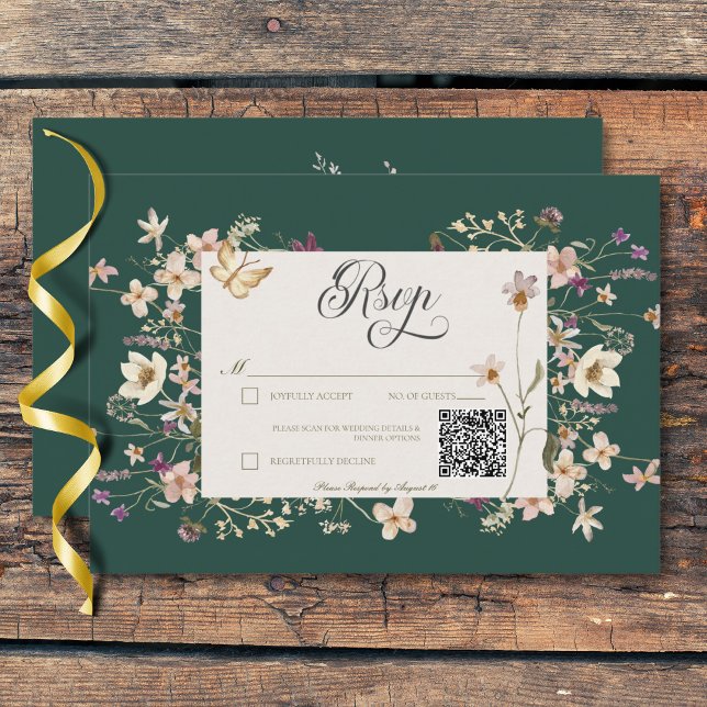 Rustic Wildflower Frame Emerald Green QR Code RSVP Card (Rustic Wildflower Frame Emerald Green Three Dinner RSVP Card)