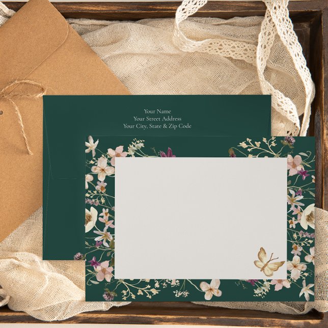 Rustic Wildflower Frame Emerald Green Wedding Envelope (Creator Uploaded)
