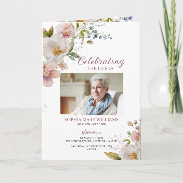 Rustic Wildflower Funeral Order of Service Program Card (Front)