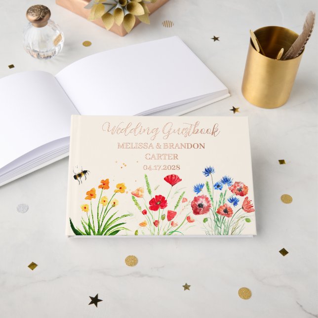Rustic Wildflower Garden Spring Watercolor Wedding Guest Book (Front Open)