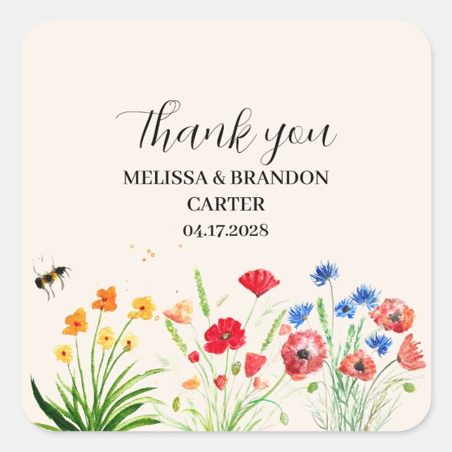 Rustic Wildflower Garden Spring Watercolor Wedding Square Sticker (Front)