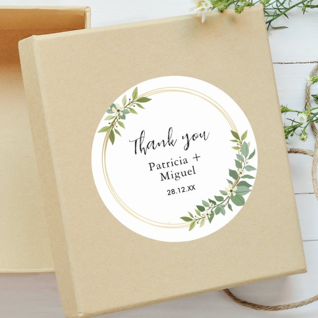 Rustic Wildflower Green Foliage Wedding Thank You  Classic Round Sticker (Creator Uploaded)