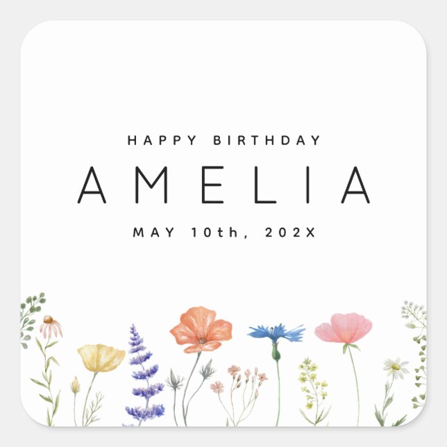 Rustic Wildflower Happy Birthday Name  Square Sticker (Front)