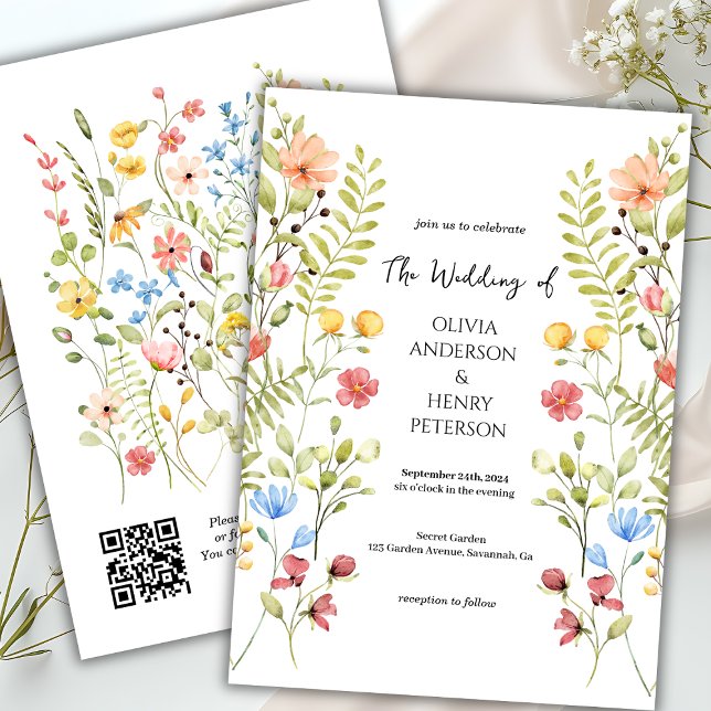 Rustic Wildflower Meadow Garden QR Code Wedding  Invitation (Creator Uploaded)