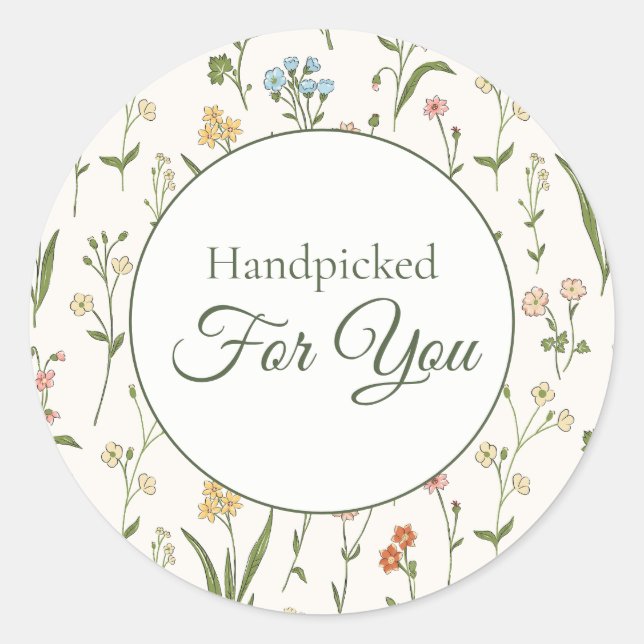 Rustic Wildflower Meadow "Handpicked" Classic Round Sticker (Front)