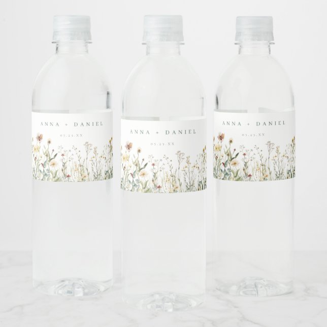 Rustic Wildflower Meadow Wedding Water Bottle Label (Bottles)