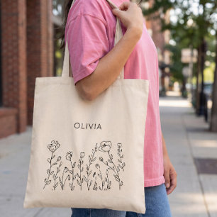 Rustic Wildflower Minimalist Name Tote Bag