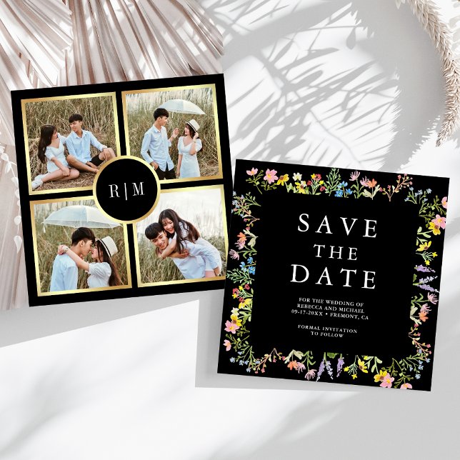 Rustic Wildflower Photo Collage Black Wedding Save The Date (Creator Uploaded)