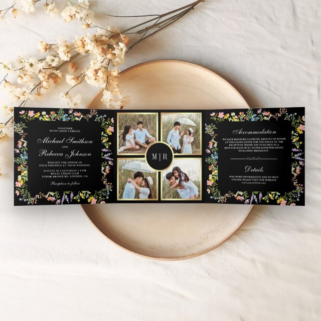 Rustic Wildflower Photo Collage Black Wedding Tri-Fold Invitation (Creator Uploaded)