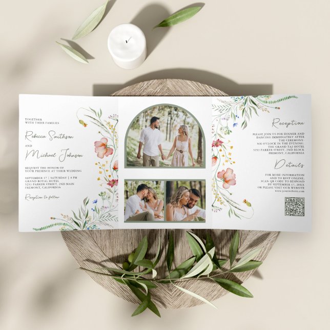 Rustic Wildflower Photo Collage QR Code Wedding Tri-Fold Invitation (Creator Uploaded)