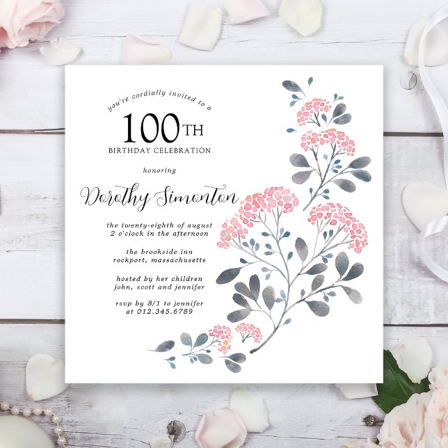 Rustic Wildflower Pink Floral 100th Birthday Party Invitation (Creator Uploaded)