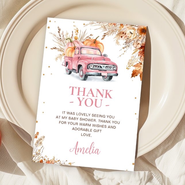 Rustic Wildflower Pink Pumpkin Truck Baby Shower  Thank You Card (Editable Pumpkin Truck Baby Shower Thank You Card Fall Harvest Pink Truck Baby Shower Girl Thank You)