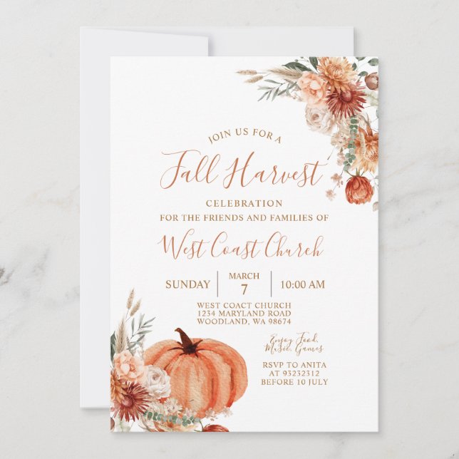 Rustic Wildflower Pumpkin Fall Harvest Celebration Invitation (Front)