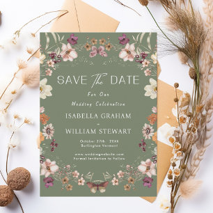Rustic Wildflower Sage Green Boho Save The Date Invitation