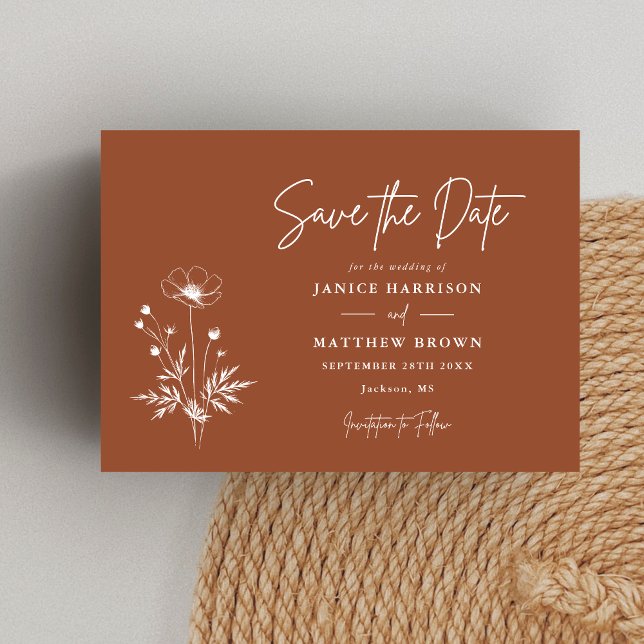 Rustic Wildflower Terracotta Boho Photo Wedding Save The Date (Rustic terracotta wildflower photo save the date adds boho charm and showcases your love.)