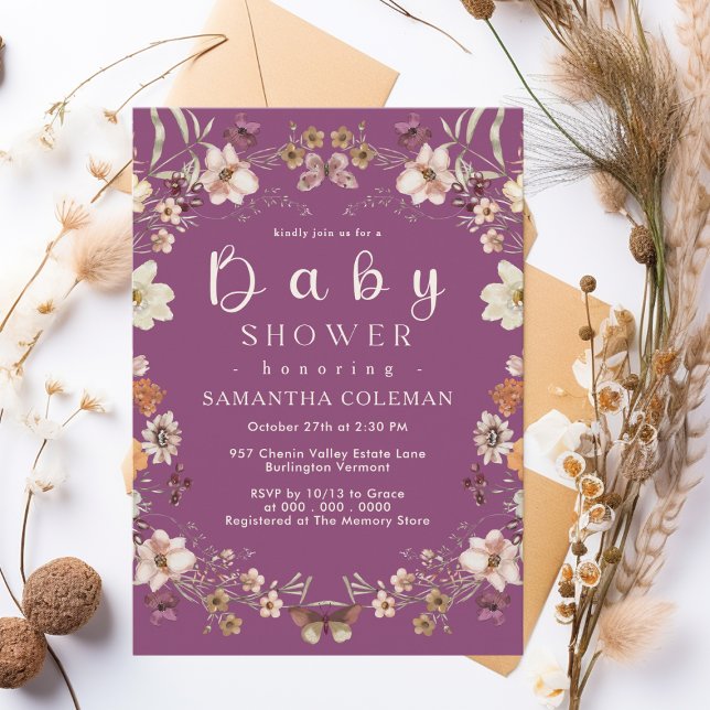 Rustic Wildflower Theme Berry Purple Baby Shower Invitation (Creator Uploaded)