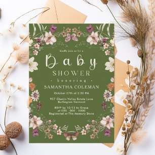 Rustic Wildflower Theme Moss Green Baby Shower Invitation