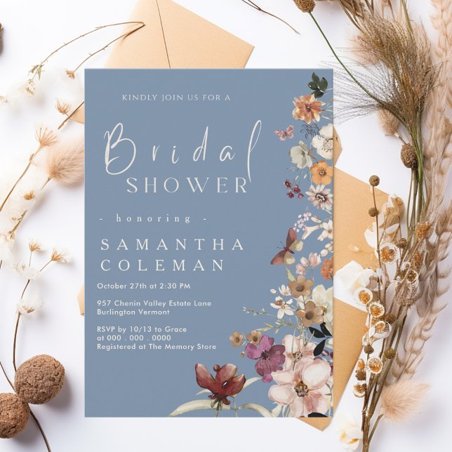 Rustic Wildflower Theme Periwinkle Bridal Shower Invitation (Creator Uploaded)
