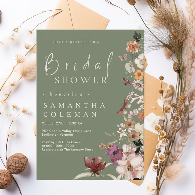 Rustic Wildflower Theme Sage Green Bridal Shower Invitation (Creator Uploaded)