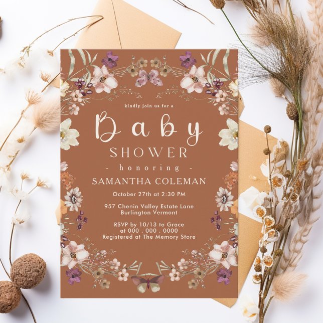 Rustic Wildflower Theme Terracotta Baby Shower Invitation (Creator Uploaded)