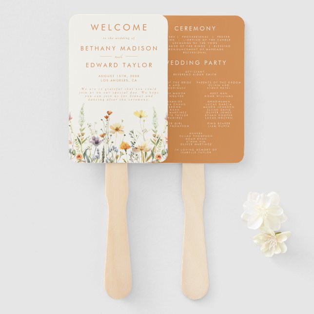 Rustic Wildflower Wedding Program Hand Fan (Front and Back)