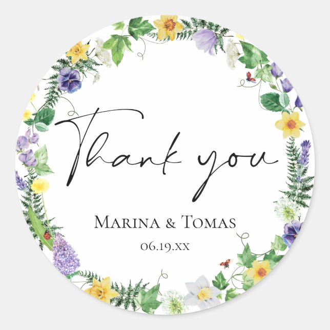Rustic Wildflower Wedding Thank You Classic Round Sticker (Front)